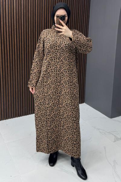 Leopar Desenli Triko Elbise - Camel Camel