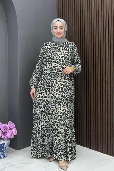 Leopar Desenli Elbise - Gri Gri