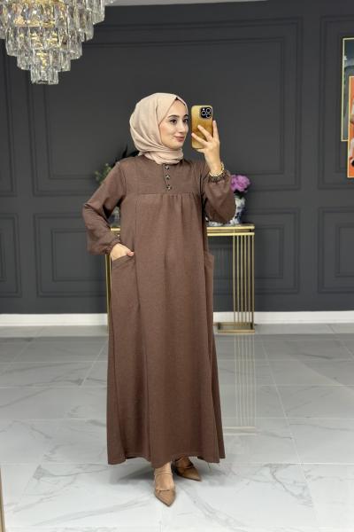 Menşure cepli elbise - kahverengi Kahverengi