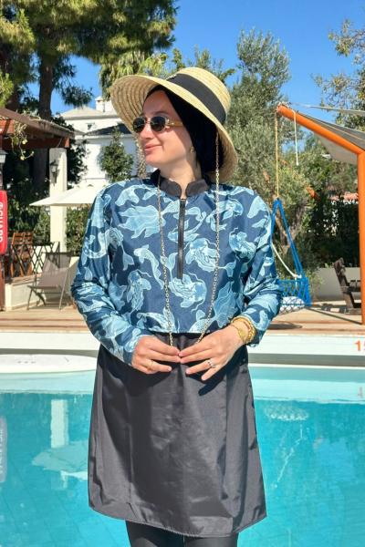 Mery Tesettür Mayo - Mavi Desenli  Mavi