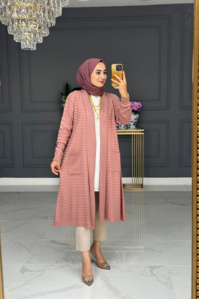 Nefes Uzun Triko Hırka - Gül Gül