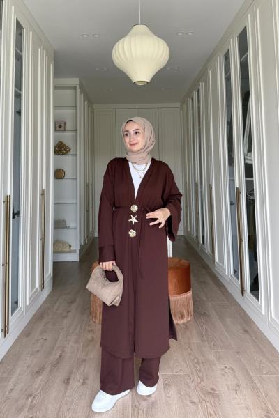 NEFİSE UZUN BROŞLU TAKIM -  KAHVE  Kahverengi