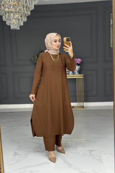 özlem örme uzun takım - kahve Kahverengi