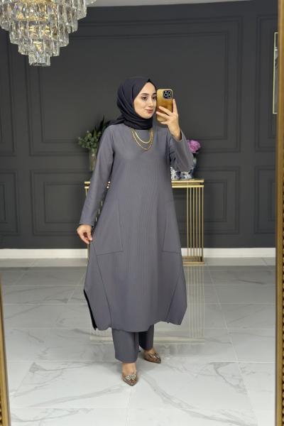 özlem örme uzun takım - gri Gri