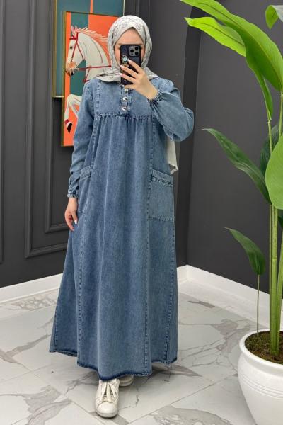 Premium Cepli Kot Elbise - Mavi Mavi