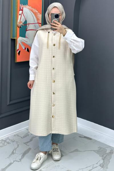 Premium Uzun Yelek - Bej Bej