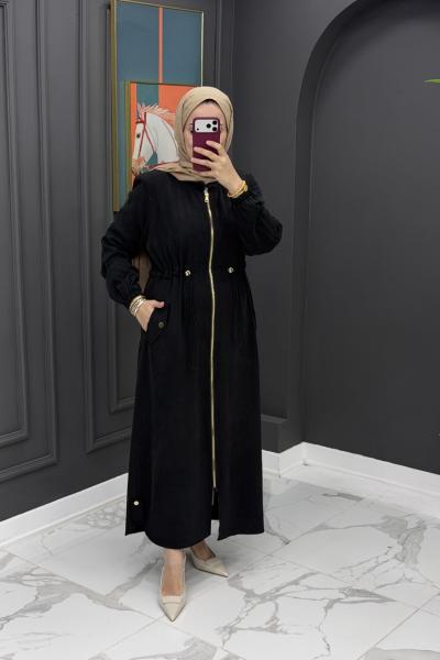 Qupra Kumaş Uzun Kap - Siyah Siyah