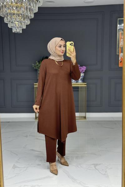 Sabire uzun tesettur takım - kahve Kahverengi