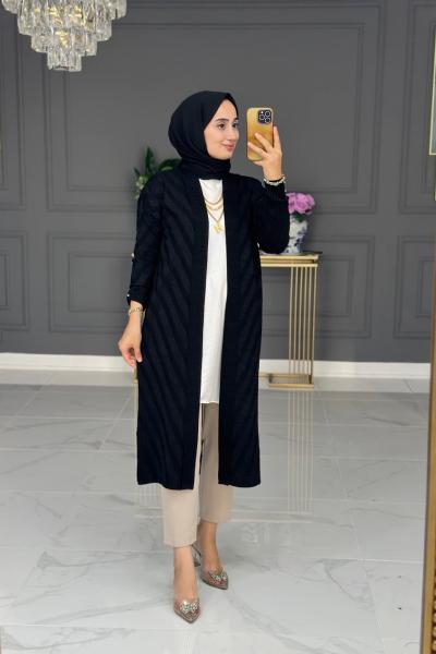 Şadiye Triko Hırka Uzun - Siyah Siyah