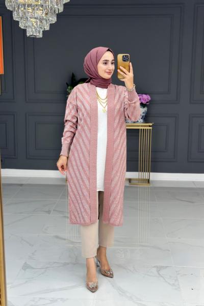 Şadiye Triko Hırka Uzun - gül Gül