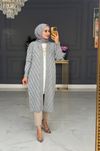 Şadiye Triko Hırka Uzun -    gri  Gri