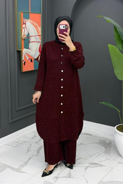 Sena Taşlı Takım - Bordo Bordo