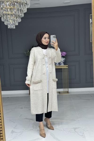 Simla uzun triko hırka - bej Bej