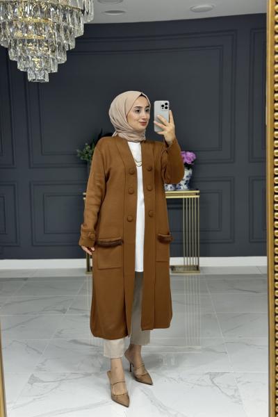 Simla uzun triko hırka -kahve Kahverengi