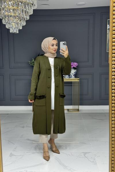 Simla uzun triko hırka - haki Haki