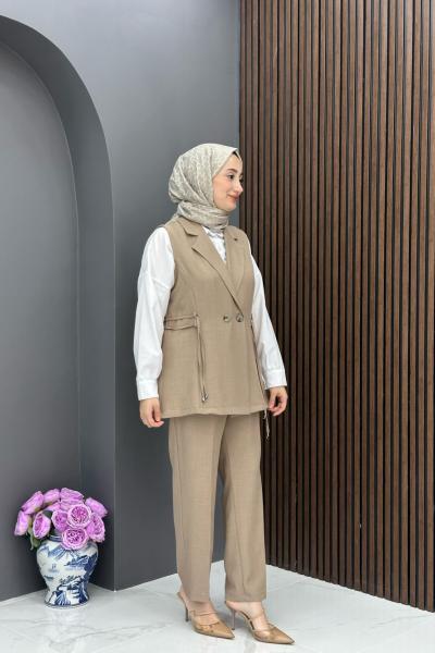 Yelekli Şık Takım - Camel  Vizon