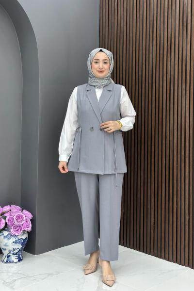 Yelekli Şık Takım - Gri Gri