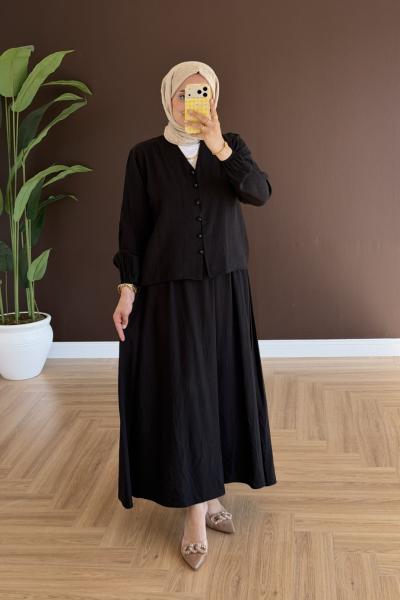 Zenan Düğmeli Etekli Takım - Siyah Siyah