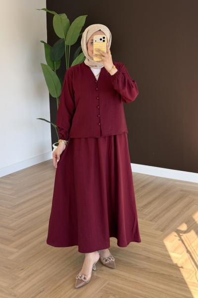 Zenan Düğmeli Etekli Takım - Bordo Bordo