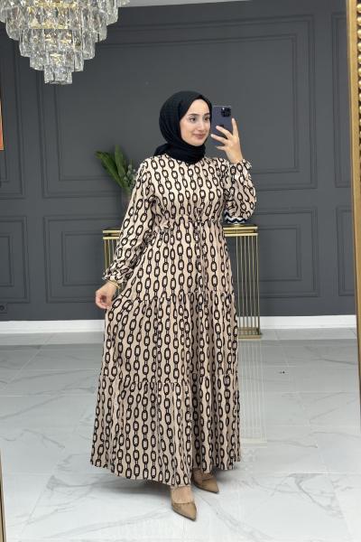 Zincir Desenli Elbise -vizon Vizon