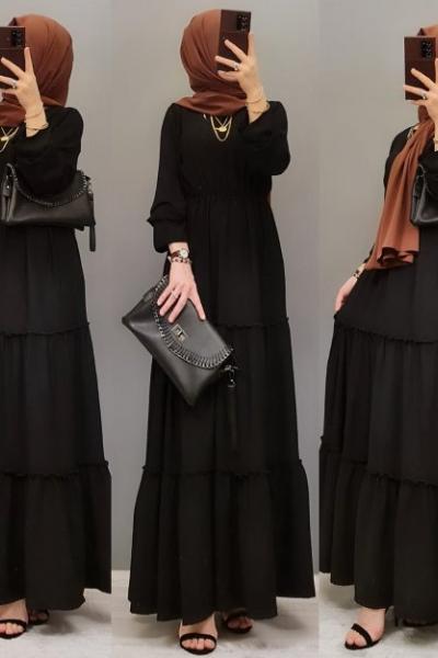 1.KALİTE TİRİL TİRİL BİR  AYROBİN KUMAŞ ELBİSE Siyah