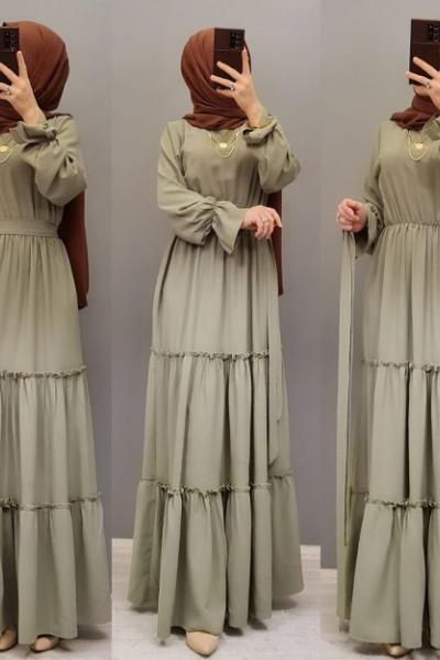 1.KALİTE TİRİL TİRİL BİR  AYROBİN KUMAŞ ELBİSE Küf Yeşili