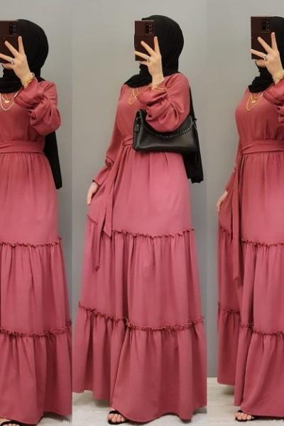 1.KALİTE TİRİL TİRİL BİR  AYROBİN KUMAŞ ELBİSE Pembe