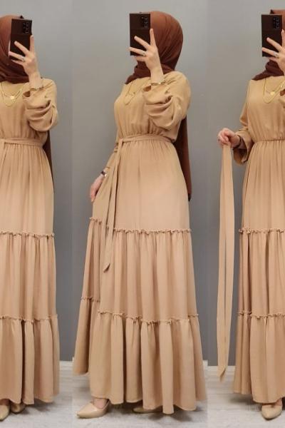 1.KALİTE TİRİL TİRİL BİR  AYROBİN KUMAŞ ELBİSE Camel