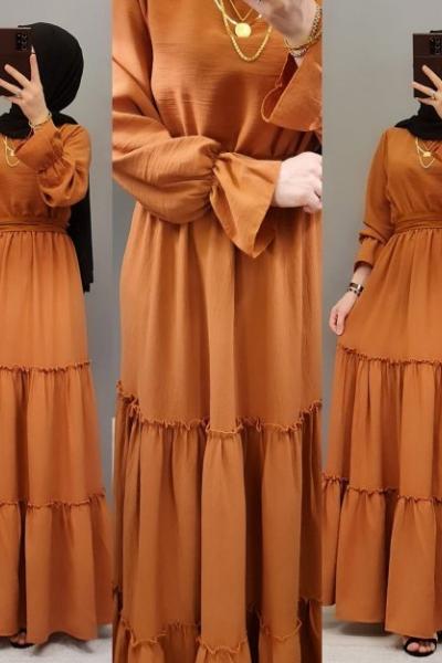 1.KALİTE TİRİL TİRİL BİR  AYROBİN KUMAŞ ELBİSE Kiremit