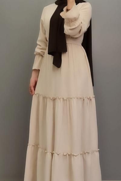 1.KALİTE TİRİL TİRİL BİR  AYROBİN KUMAŞ ELBİSE Krem