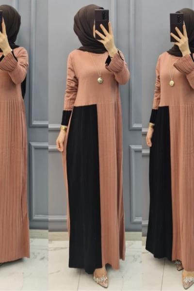 2 Renk Triko Elbisem Pudra