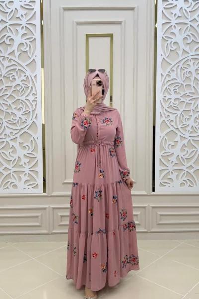 Aker Tesettür Nakışlı Şifon Elbise Pembe Pembe