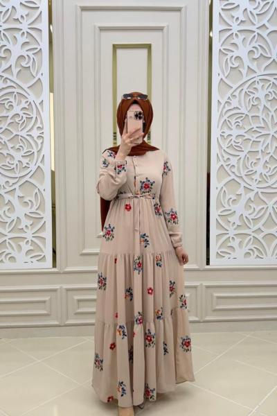 Aker Tesettür Nakışlı Şifon Elbise Vizon Vizon