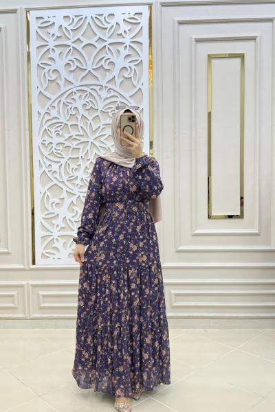 Aysima Tesettür Şifon Elbise  Mor