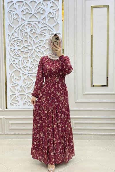 Aysima Tesettür Şifon Elbise  Bordo