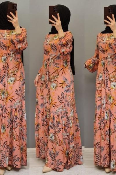 Bahara Özel Çiçekli PAMUKLU VİSKON KUMAŞ Elbise Pembe