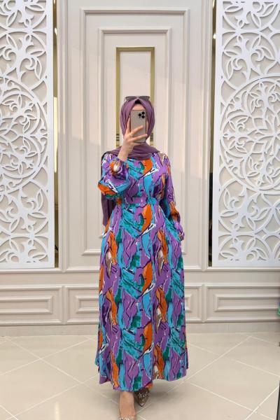 Basma Tesettür Elbisem  Mor