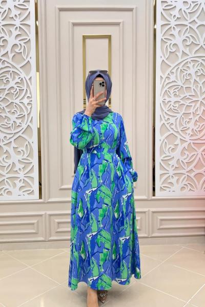 Basma Tesettür Elbisem  Mavi