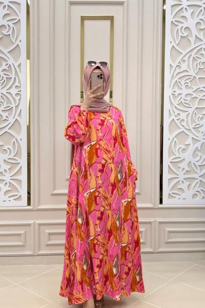 Basma Tesettür Elbisem  Pembe