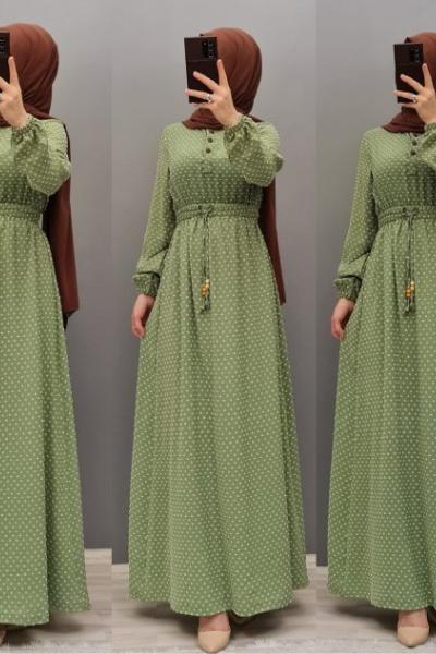Beli Lastikli Puanlı Rahat Elbise Haki Haki
