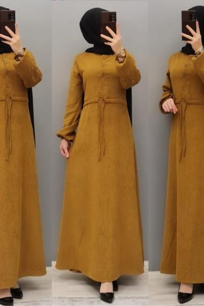 Büyük Beden Bayan Elbise  Hardal Sarısı