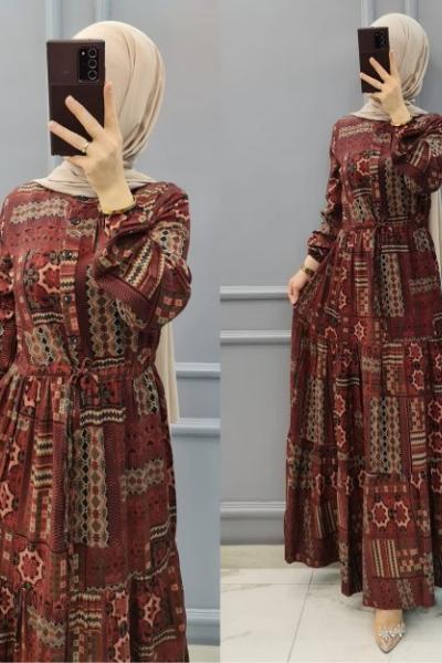 Büyük Beden Desenli Elbisem Bordo