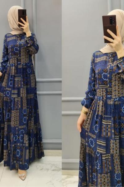 Büyük Beden Desenli Elbisem Lacivert