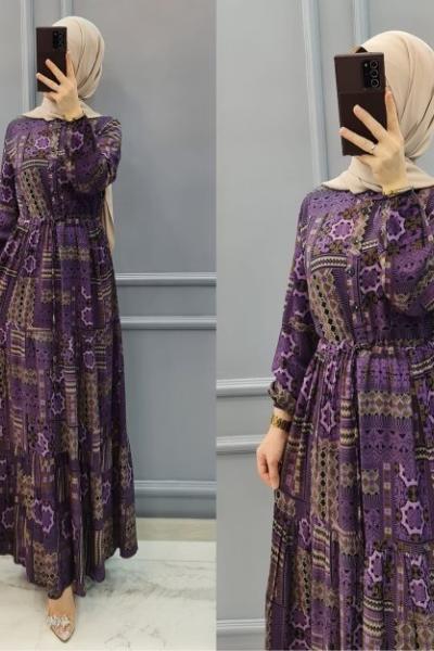 Büyük Beden Desenli Elbisem Mor