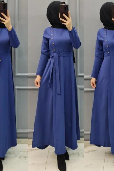 Büyük beden Düğme Detay Elbise  Mavi