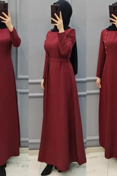 Büyük beden Düğme Detay Elbise  Bordo