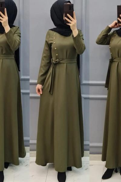 Büyük beden Düğme Detay Elbise  Haki