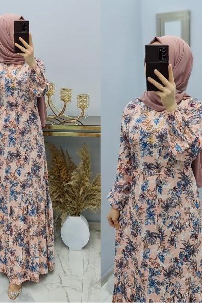 Büyük Beden Desenli Elbisem  Pudra