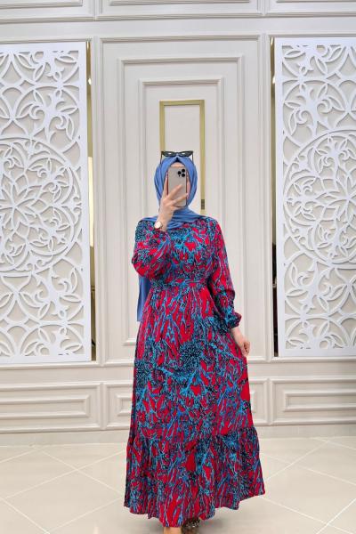 Çalı Desen Elbisem Mavi kırmızı