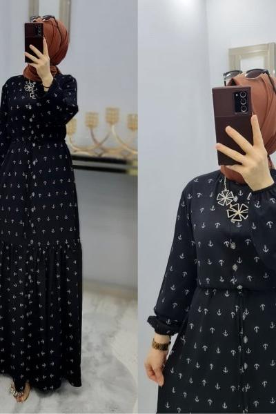 Çapa Desen Yazlık Elbise  Siyah